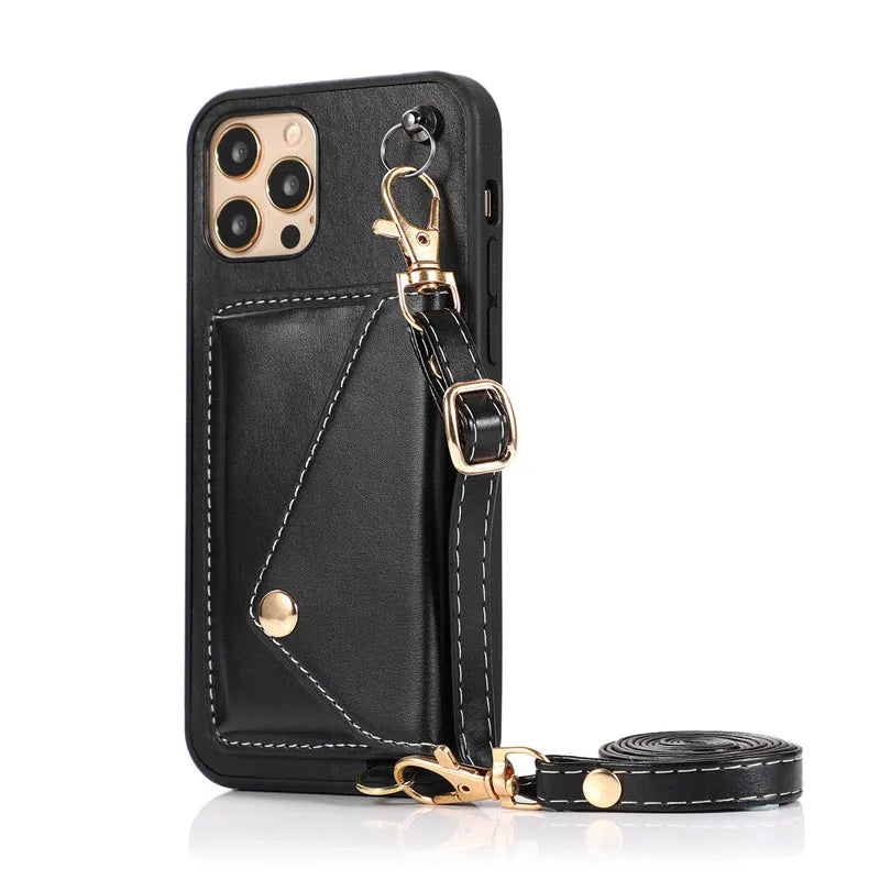 Imitation leather crossbody phone case with card holder and lanyard, embossed 3D design, in khaki, blue, red, or black.