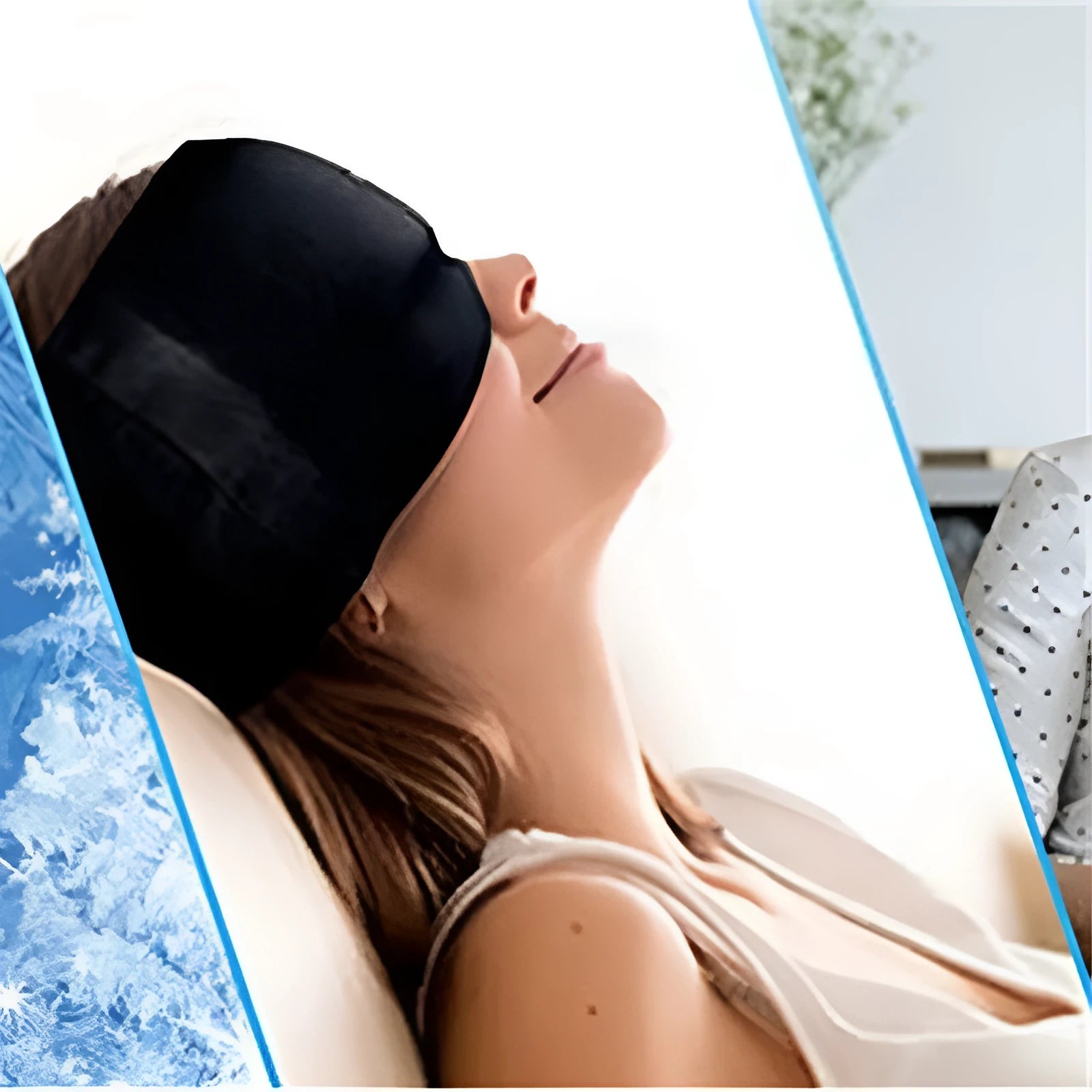Black and pink elastic cloth gel ice mask for headache relief, shown on its side.