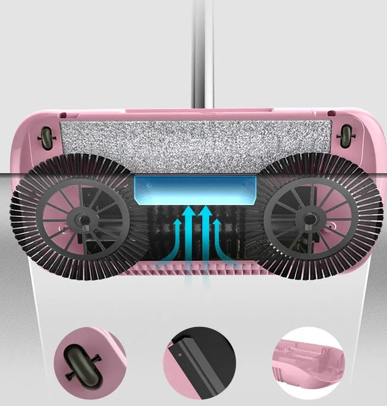 Pink hand push sweeper with rotating brush and mop attachment on tiled floor