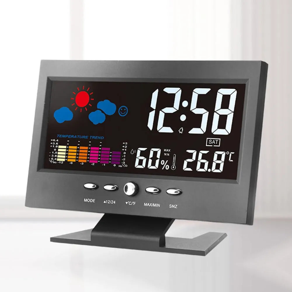 Multi-function large screen perpetual calendar clock showing time and date with voice-activated backlight in black finish