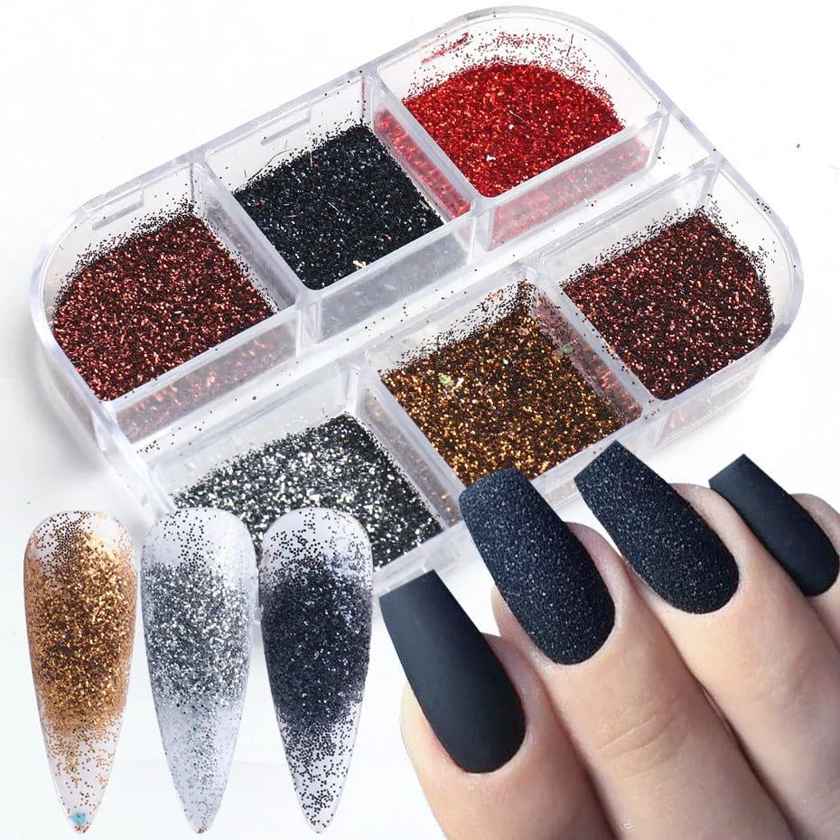 Gold and silver laser irregular nail glitter sequins in a six-grid box with 8g net content for nail art