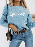 Blue crew neck knitwear pullover sweater with embroidered white letter and text patterns on the front