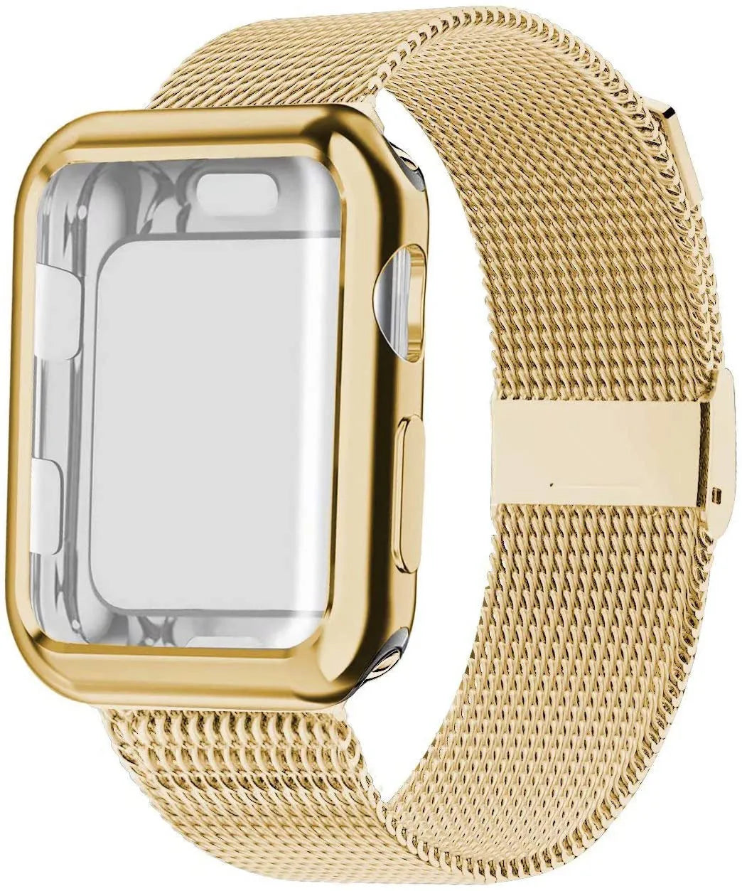 Silver magnetic Milanese loop metal band attached to an Apple Watch on a wrist.