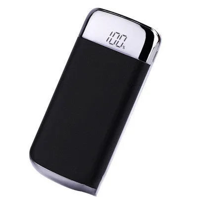 Square aluminium alloy power bank with digital display in pink, black, white, gold, and blue colours.
