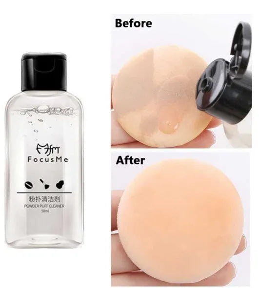 50ml makeup brush cleaning liquid in a clear bottle with a white cap, next to a makeup brush
