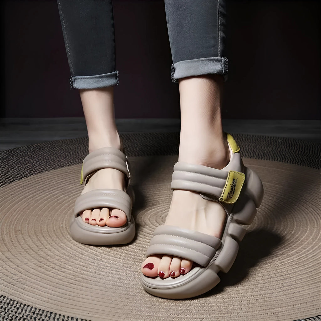 Open toe wedge sandals with non-slip rubber sole, microfiber upper, and Velcro strap in beige