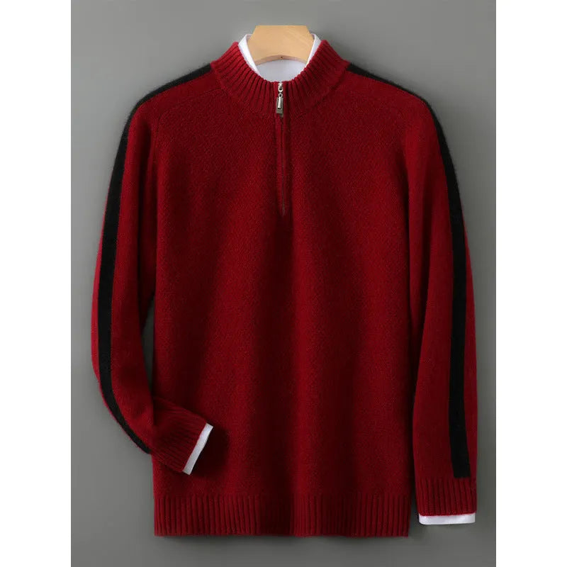 Men's slim fit half zip round neck sweater knitted from woolen yarn in grey.