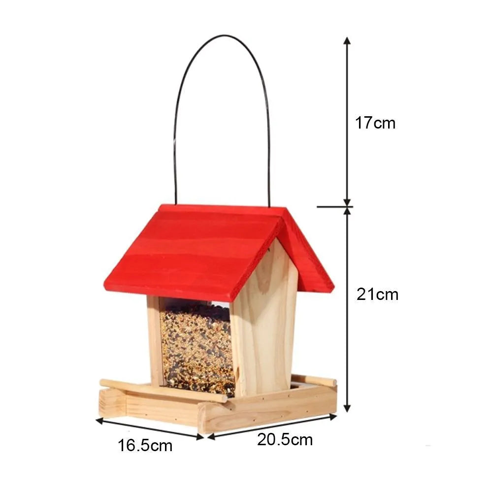 Suspended pine wood bird feeder with red roof and log texture finish