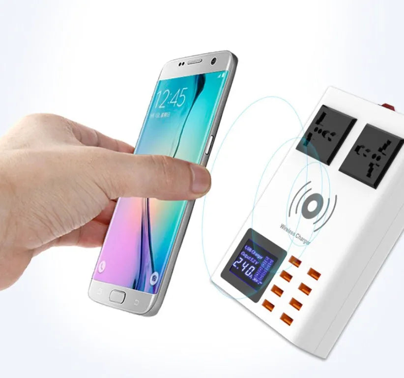 White USB wireless charger for mobile phones with multi-interface wired charging ports