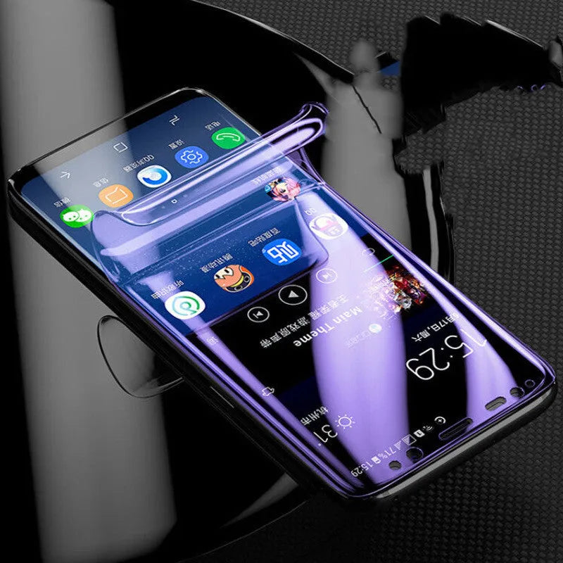 Purple light hydraulic film curved screen protector for Samsung Galaxy smartphone.