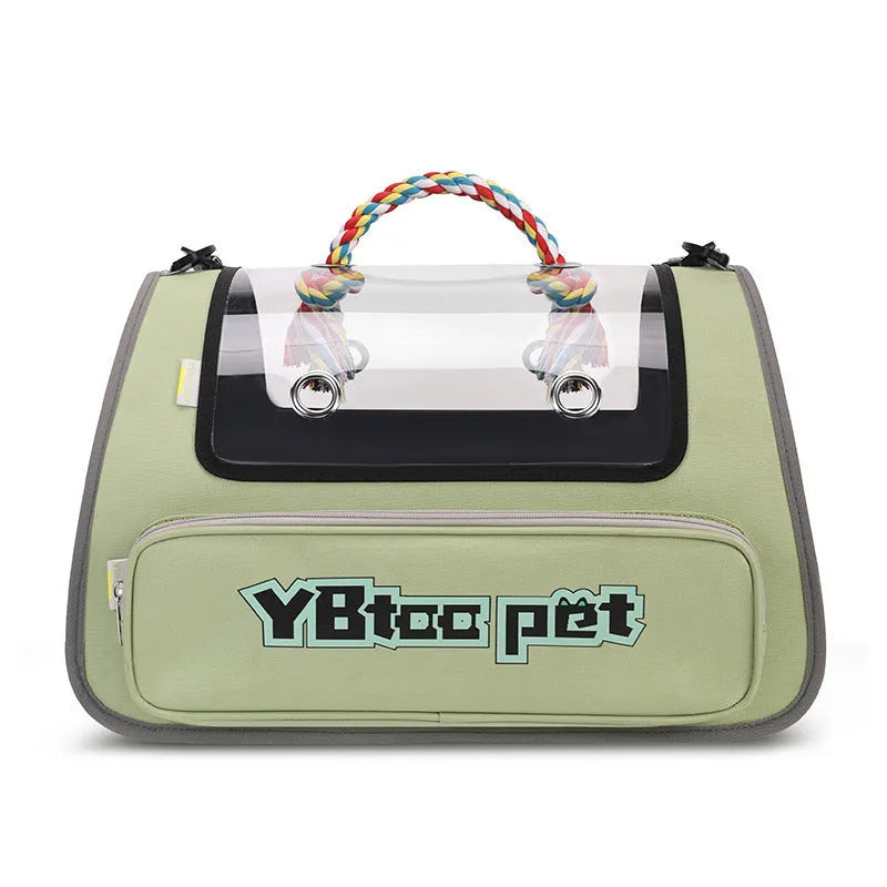 Portable transparent visual pet bag in blue with large capacity and foldable Oxford cloth design for pet travel