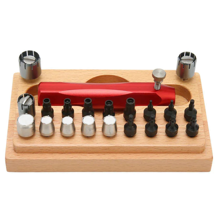 20-piece steel watch repair tool set with barrel-opening extracting tubes for watch case maintenance