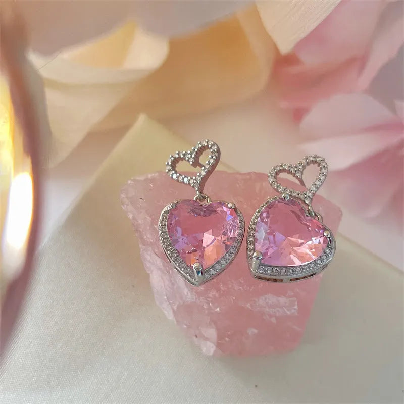 Pink crystal heart earrings on copper base, 26x15mm, 7g, 2023 new light luxury fashion jewellery for women girls