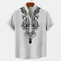 Men's striped loose-fit casual shirt showing personalised button detail and available colour options