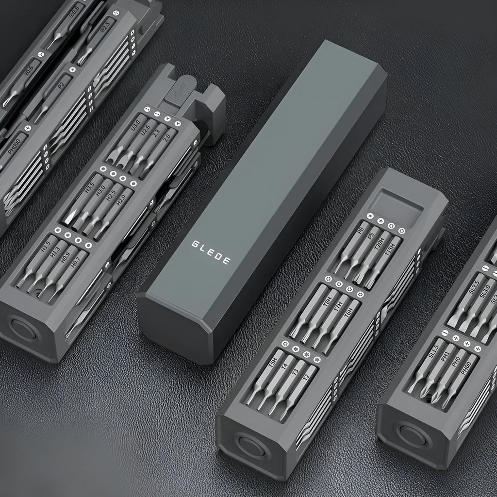 44-in-1 multi-function screwdriver set with S2 alloy steel blades and 44 bits in a compact holder.