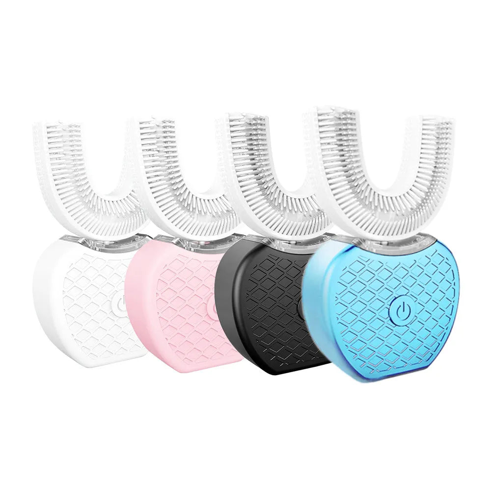 U-shaped lazy ultrasonic electric toothbrush with high-ductility head in black, showing curvature for incisors, canines, molars, and cheek teeth