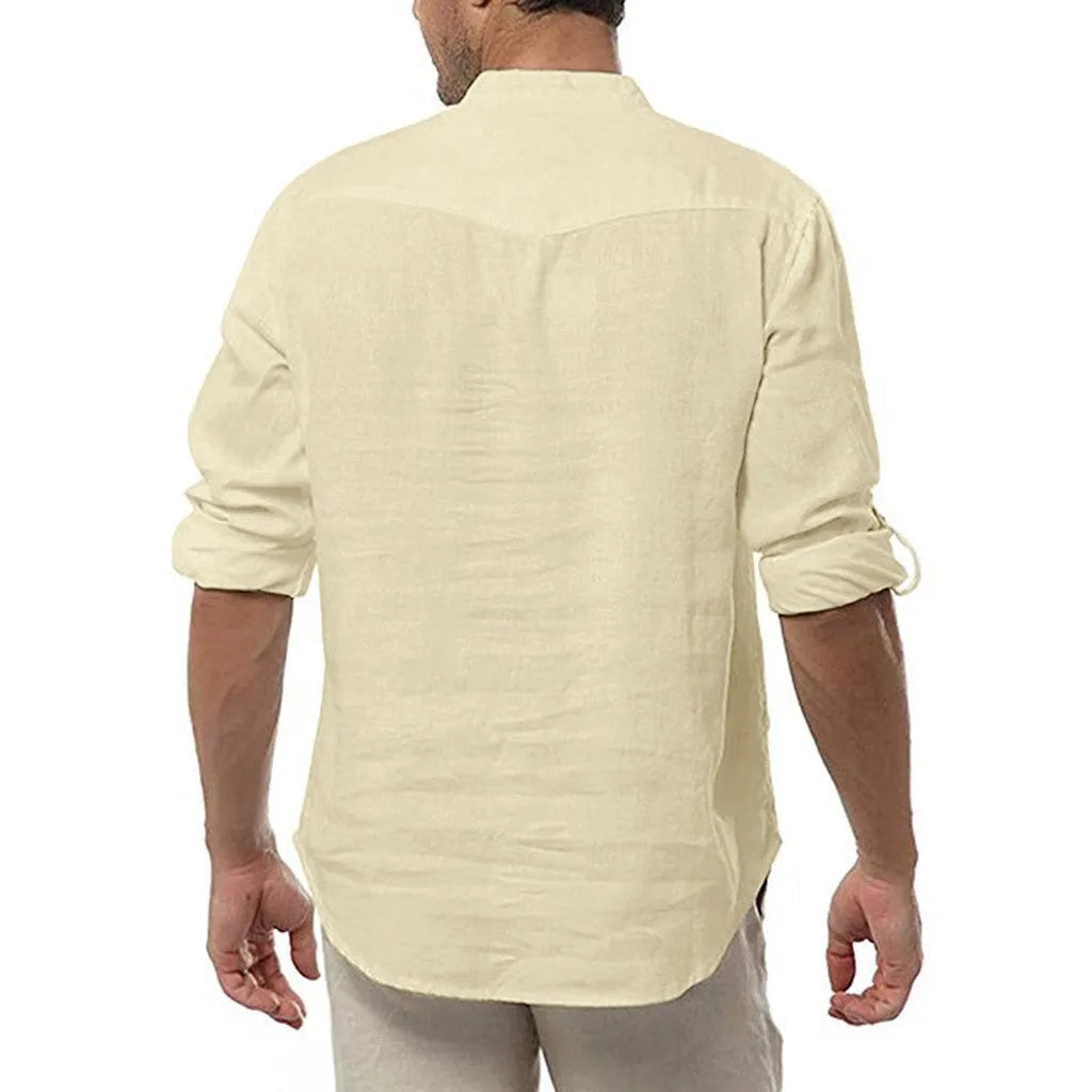 Men's fashion long sleeve V neck casual shirt in polyester, apricot colour, front view