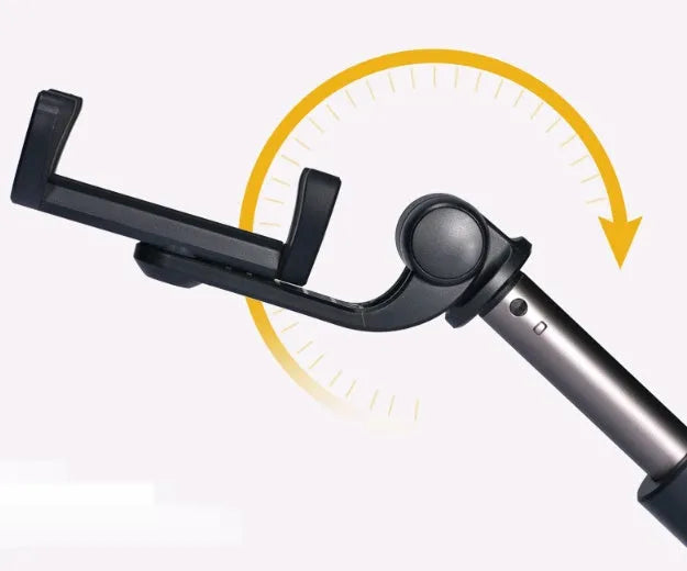 Black Bluetooth selfie stick with tripod bracket extended, holding smartphone