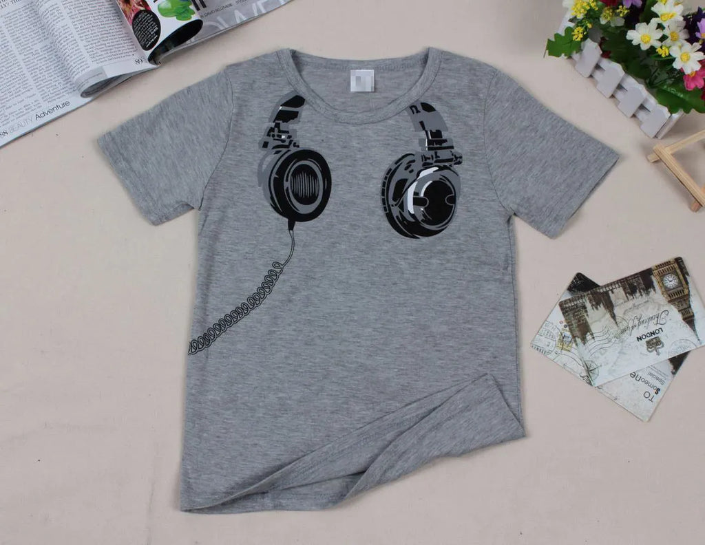 Children's short-sleeved T-shirt with earplugs pattern in white, 90% cotton, round neck, sizes 90-130cm