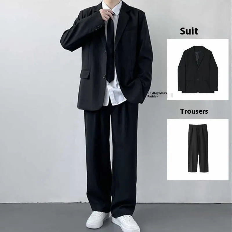 Plus size men's college style suit jacket and trousers set with white shirt and tie on hanger