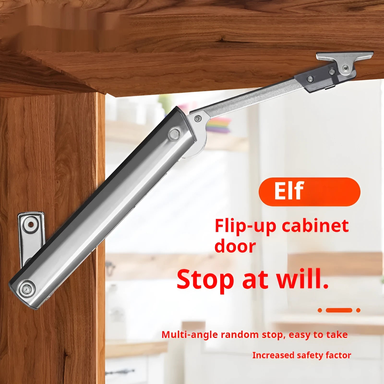 Cold rolled steel tatami cabinet support rod with adjustable stop mechanism for flap-up doors