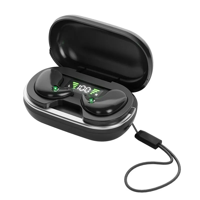 Wireless Bluetooth sleep headset earplugs in black or white with charging bin and digital display