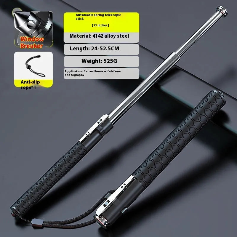 Titanium black automatic spring expandable baton in three sizes: 16-inch, 21-inch, and 26-inch lengths.