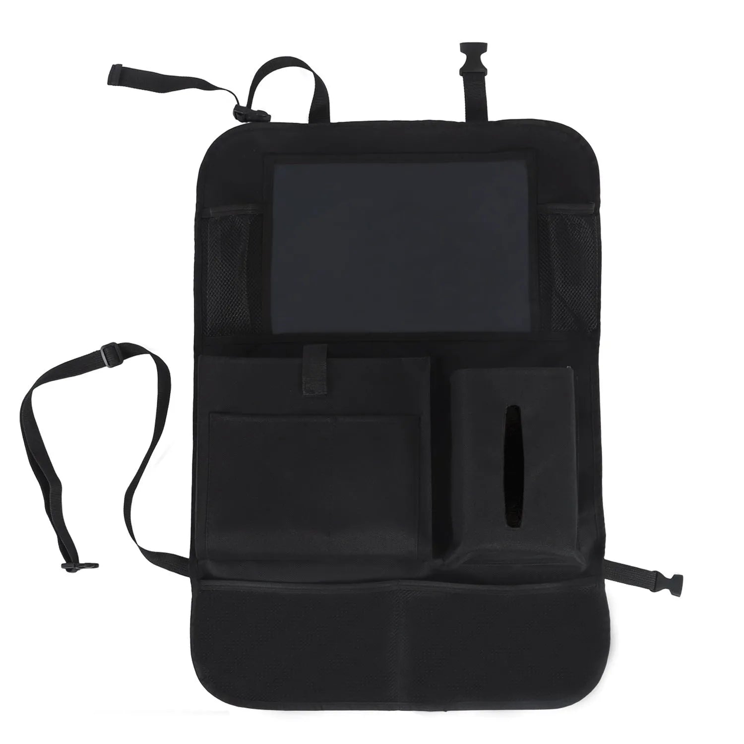 Car seat back storage pouch with 9 storage bags and transparent iPad pocket in black mounted on a car seat