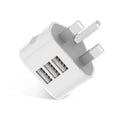 White UK plug USB wall charger with three USB ports, ABS body, 4.5x4.5x5cm, compatible with iPhone