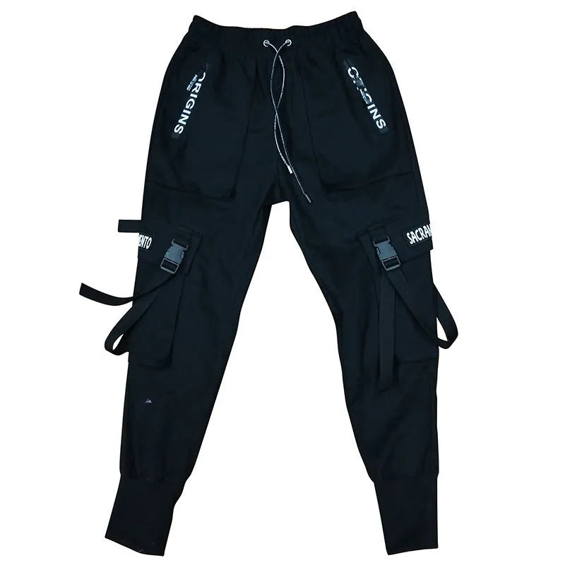 Men's black casual cone-type hip hop trousers, mid-waist, no belt, Asian sizing M-2XL