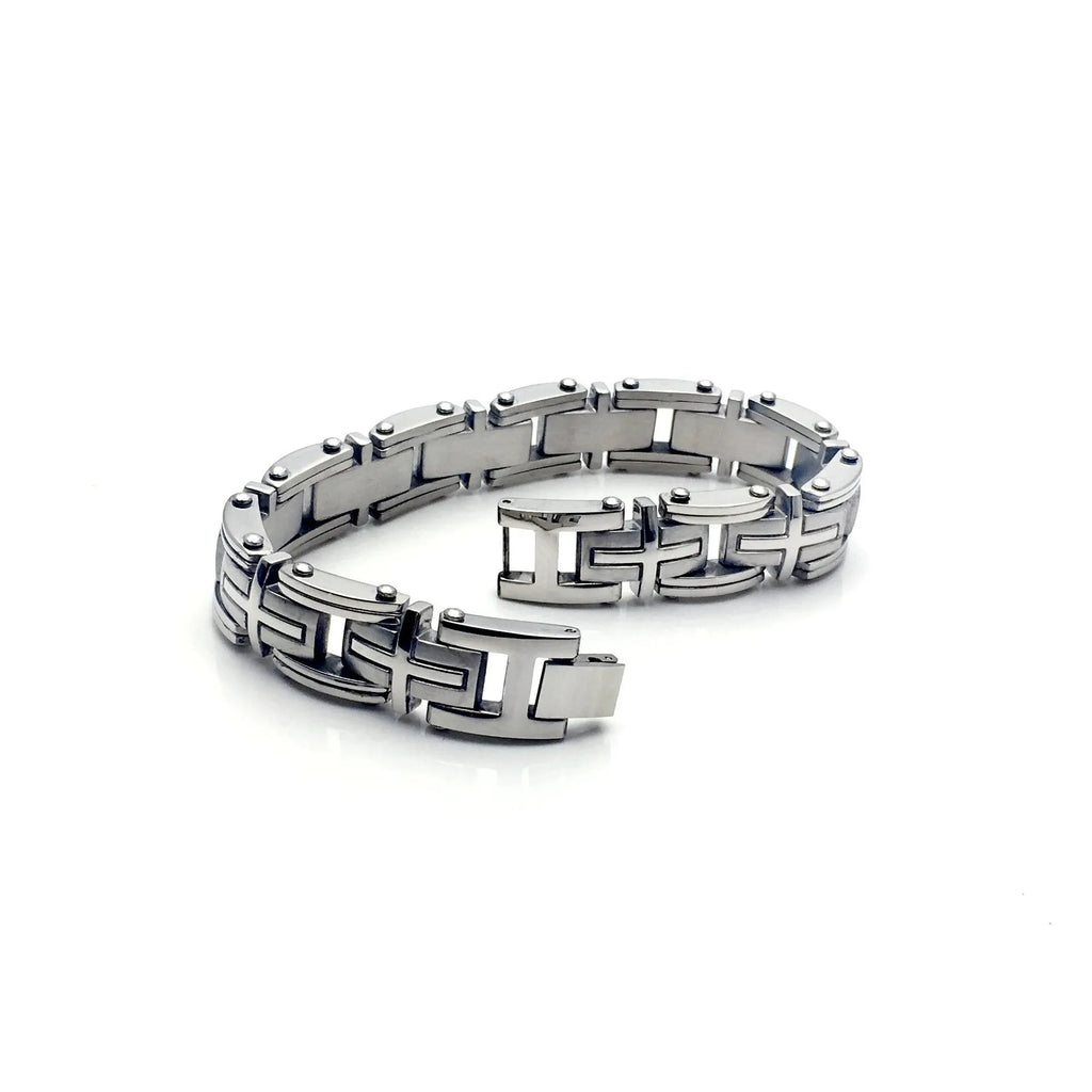 Men's titanium steel bracelet with polished geometric segment design in steel colour