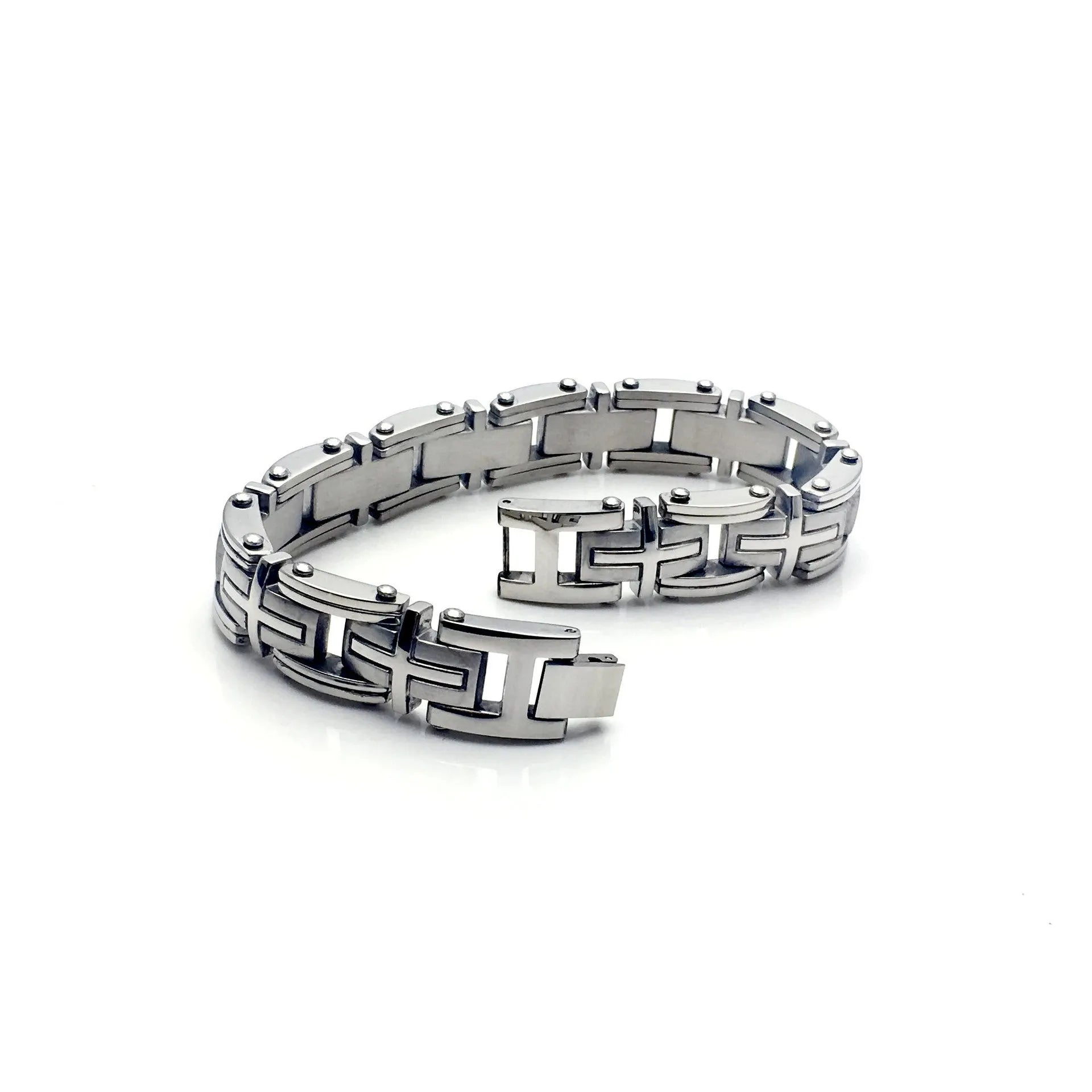 Men's titanium steel bracelet with polished geometric segment design in steel colour