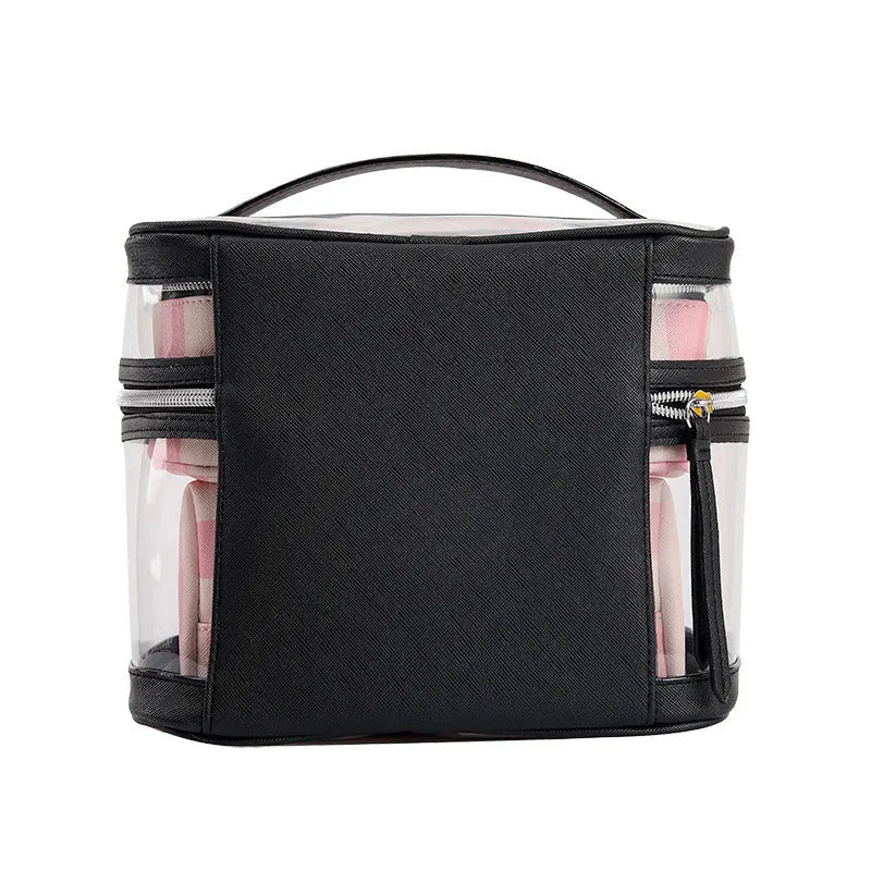 Pink bold stripes waterproof makeup bag with floral pattern synthetic leather folding cosmetic organiser