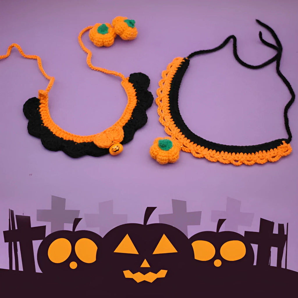 Hand crocheted wool Halloween pet collar for cats and dogs in pumpkin colours with adjustable sizing