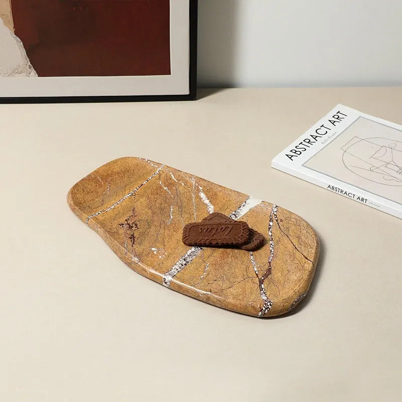 Natural marble irregular decorative tray in coffee colour on a wooden table, 33.5x19x1.6cm polished stone finish