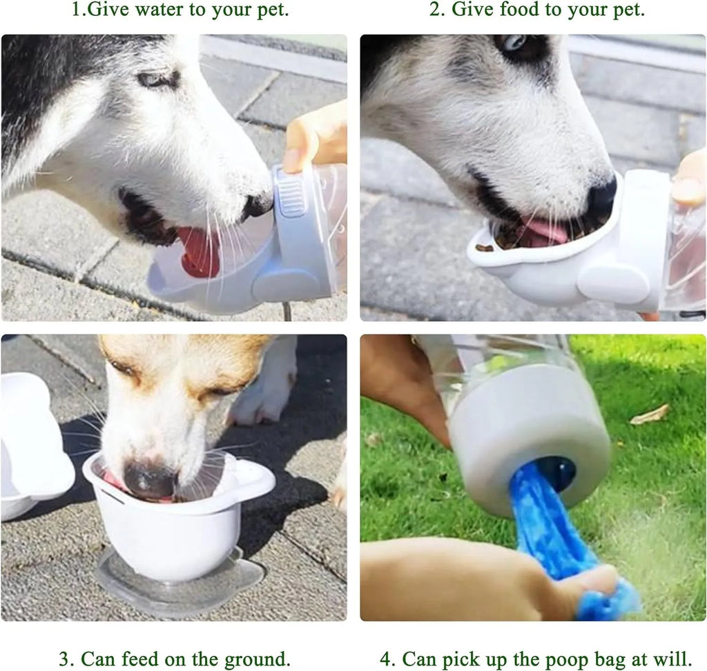 Green 3-in-1 portable pet water bottle with food container and waste bag dispenser held by hand strap