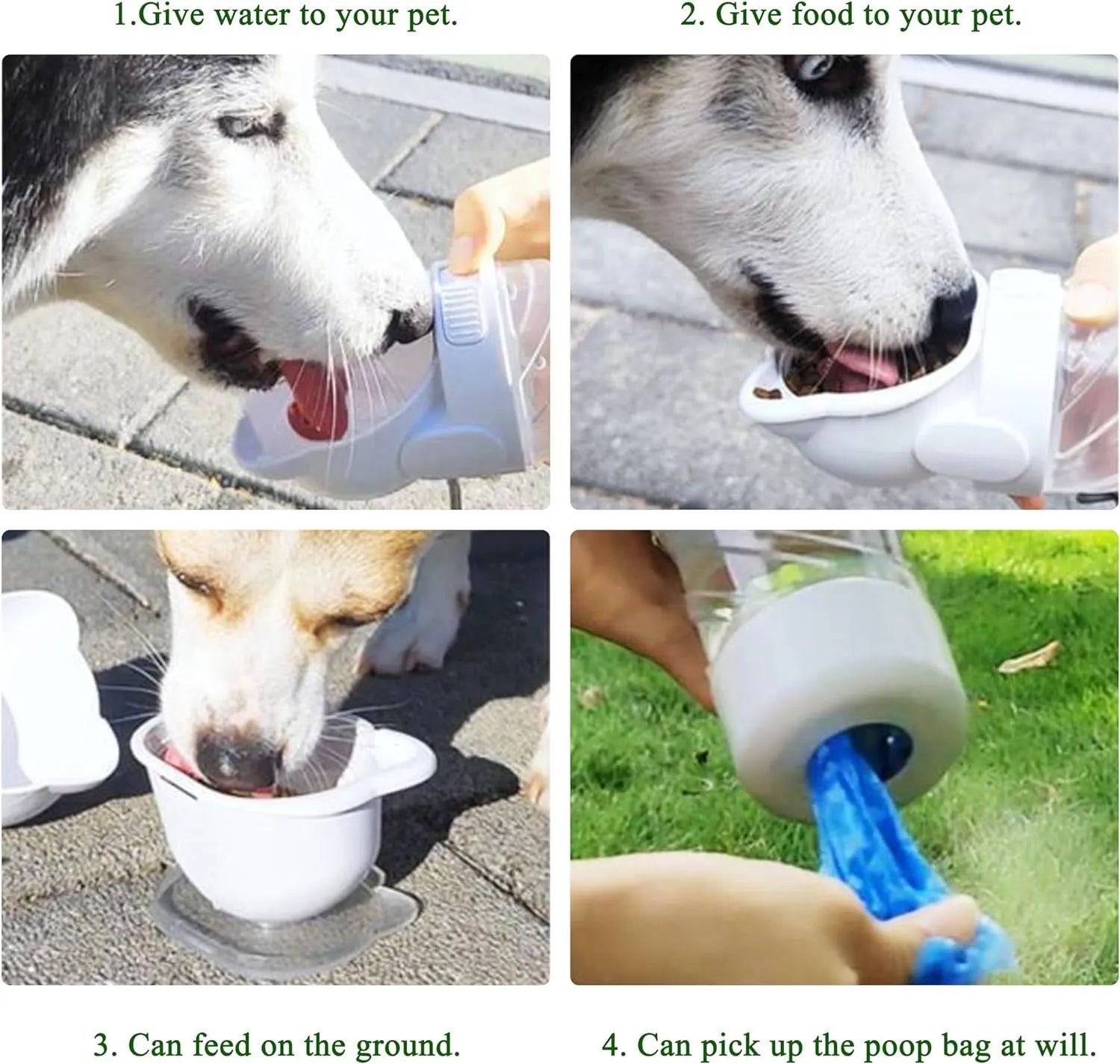 Green 3-in-1 portable pet water bottle with food container and waste bag dispenser held by hand strap