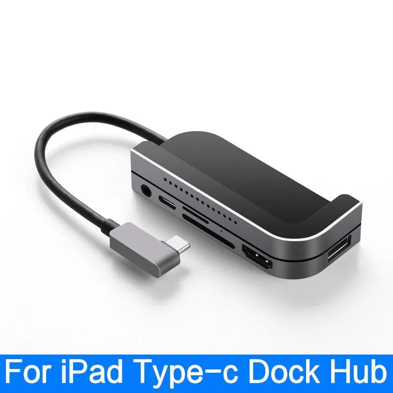 Silver aluminium grey USB-C 6-in-1 docking station for iPad Pro, showing HDMI port and card reader slots.