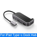 Silver aluminium grey USB-C 6-in-1 docking station for iPad Pro, showing HDMI port and card reader slots.