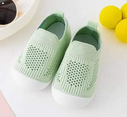 Baby soft sole non-slip walking shoes in fly woven cotton and natural rubber, available in multiple colours and sizes 11.5-15.5cm
