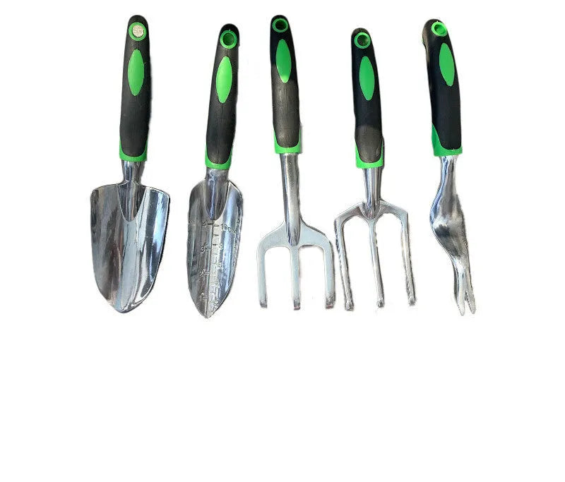 9-piece aluminum alloy gardening tools set with green handles and silicone shovel