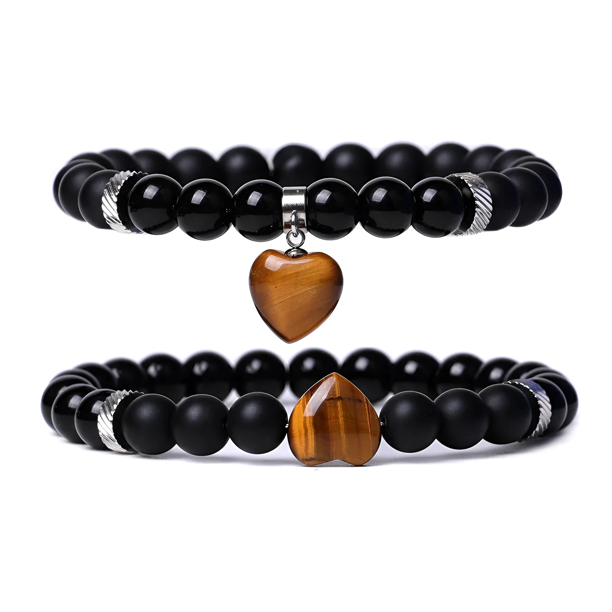 Matching natural stone couple bracelets with geometric heart shape in polished obsidian.