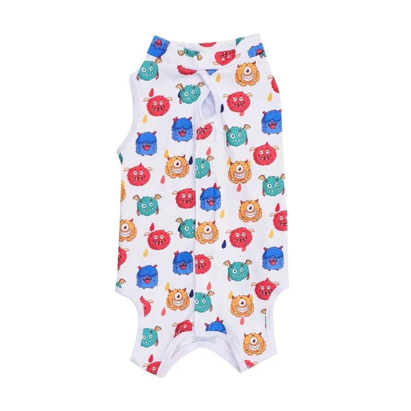 Cat wearing sterilisation recovery suit with Velcro closure in colourful print design