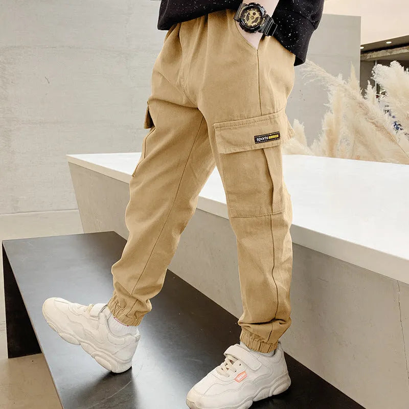 Boys casual cotton trousers in khaki colour for summer wear.