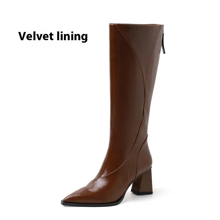 Women's retro Maillard tube high heel riding boots in black cowhide with waterproof platform sole