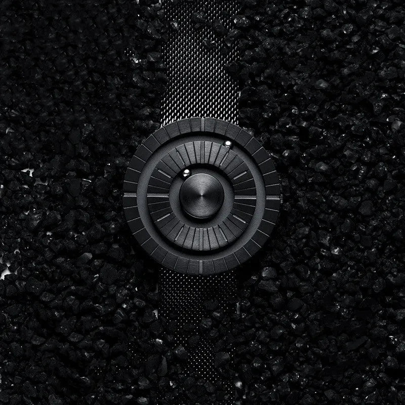 Men's black sports watch with 43mm round dial, stainless steel strap, and butterfly double snap-fastener.