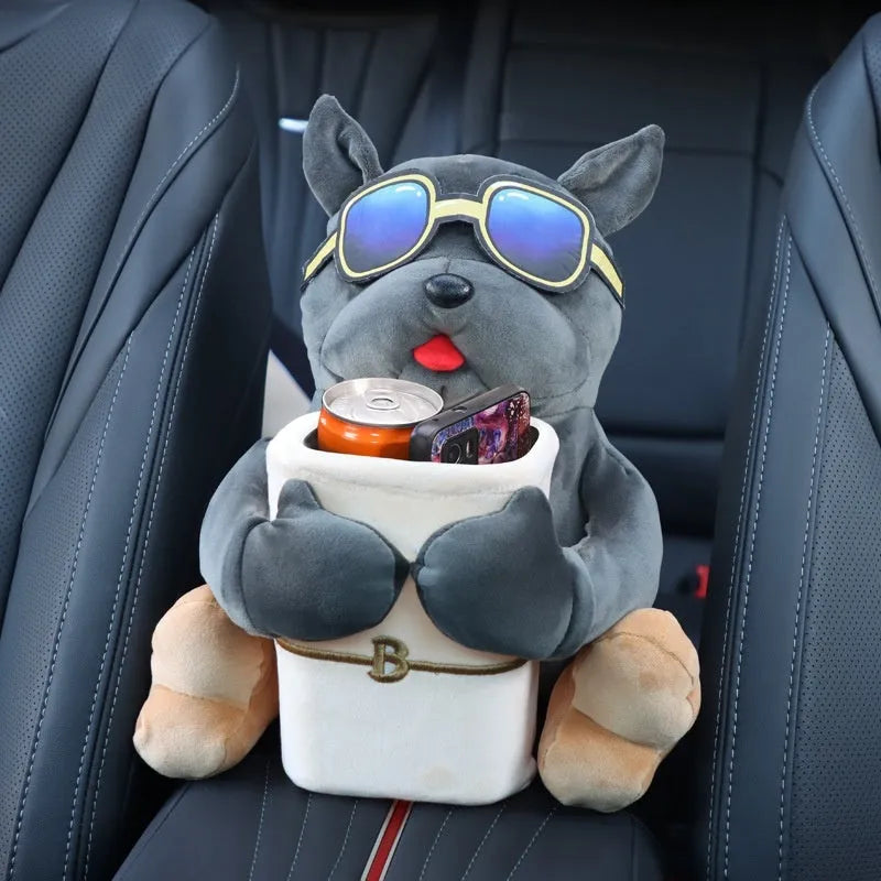 Plush fabric car tissue box hanging from vehicle armrest with dog-themed design options