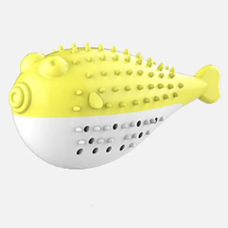 Mint Toys blue silicone fish-shaped cat chew toy with built-in toothbrush cleaner