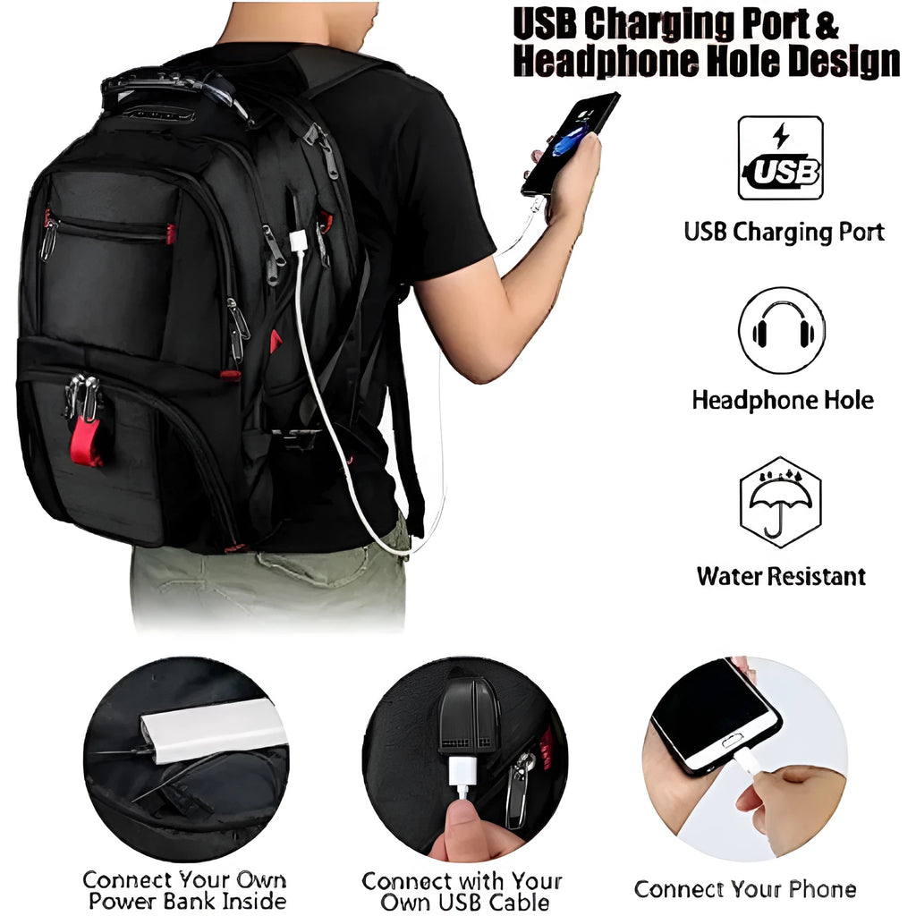 Large black USB travel backpack with curved shoulder straps shown from the side.