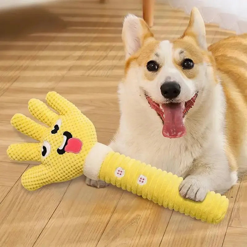 Yellow palm-shaped squeaky plush dog teething toy with bite-resistant fabric for puppy chewing relief